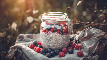 An AI generated illustration of a glass jar filled to the brim with yogurt, chia seeds and assorted fresh berries in a forest settingの素材