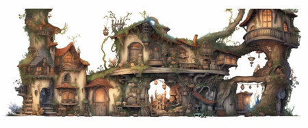 An AI generated illustration of a panoramic shot of a witch hut against a white backgroundの素材