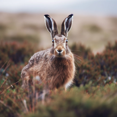 An AI generated illustration of a brown hare in a grassy field, gazing directly into the cameraの素材