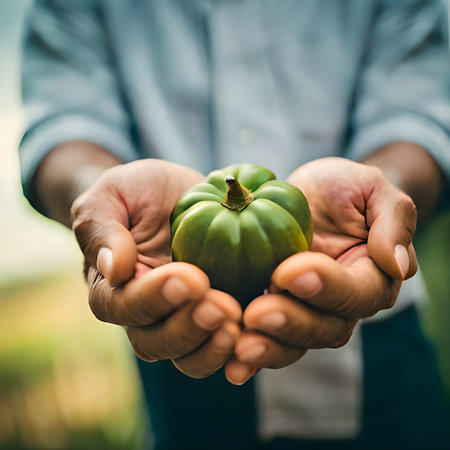 An AI generated illustration of an adult with hands full of freshly picked, bright green pepperの素材