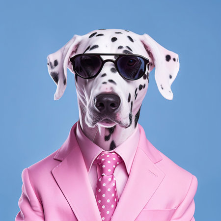 An AI generated illustration of a dalmatian in a retro funky suit and sunglasses on a blue backgroundの素材