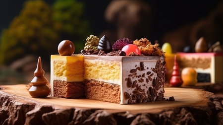 An AI generated illustration of a chocolate cake on a rustic wooden tableの素材