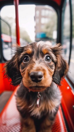An AI generated illustration of an adorable black and brown puppy sitting on the front seat of a carの素材