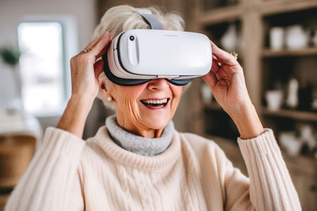 An AI generated illustration of an elderly woman wearing a virtual reality headsetの素材