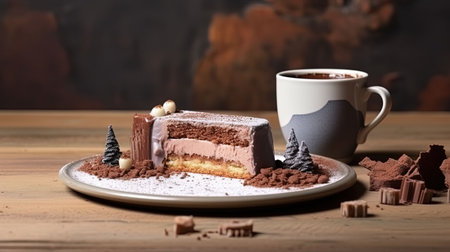 An AI generated illustration of a delicious piece of cake with a steaming hot cup of coffeeの素材