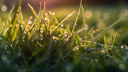 An AI generated illustration of dewy grass in the morning sunlightの素材