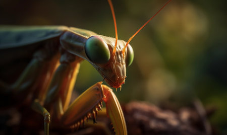 An AI generated illustration of Close up of a  Mantis with bright green eyesの素材