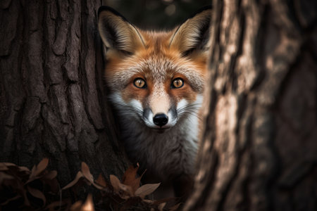 An AI generated illustration of a red fox with a piercing faze looking through treesの素材