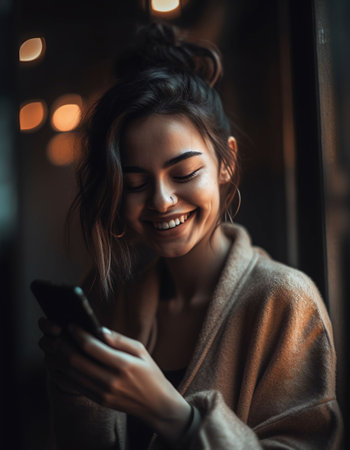 An AI generated illustration of a beautiful woman smiling as she reads a text message on her phone, shown in a natural and relaxed poseの素材