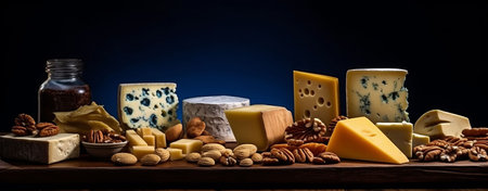 An AI generated illustration of a variety of cheeses and nuts on a  tableの素材