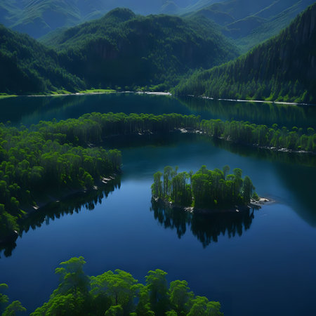 An AI generated  tranquil lake surrounded by lush green trees. Calming nature.の素材