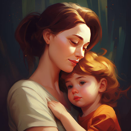 An AI generated illustration of a painting of a joyful mother holding her little daughterの素材