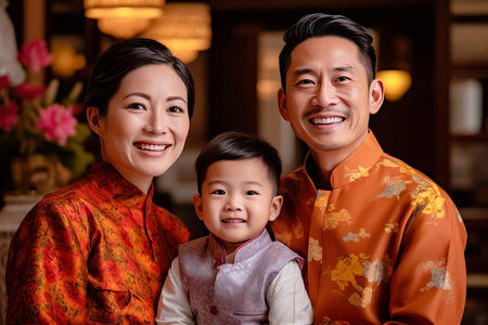 A loving Asian family of three in traditional clothes posed for a portrait - AI generatedの素材
