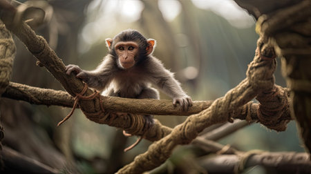 An AI generated illustration of An adorable baby monkey perched on a tree branchの素材