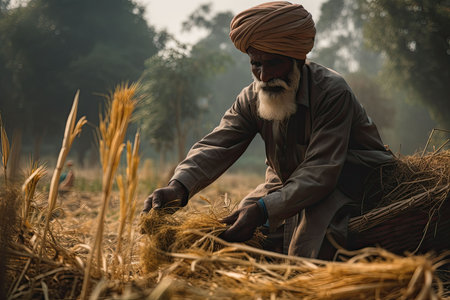 An AI generated illustration of An elderly male harvesting wheatの素材