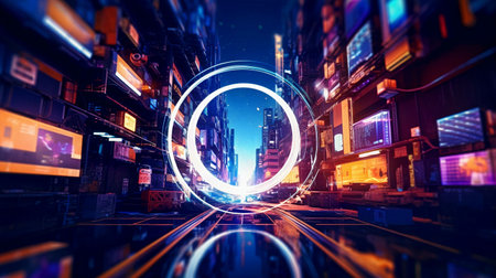 An AI generated illustration of a digital bright loop with a futuristic cityscape and tall buildings at nightの素材