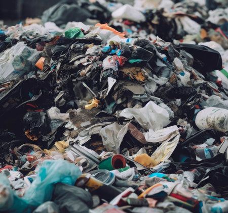 An AI generated illustration of A pile of discarded items lies on the street in front of a structure with a black roofの素材