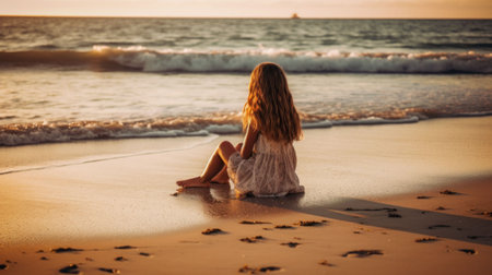 An AI generated illustration of a girl enjoying a beach day, sitting on the sandの素材