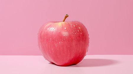 An AI generated illustration of a vivid red apple with sparkling water droplets against a pink backgroundの素材