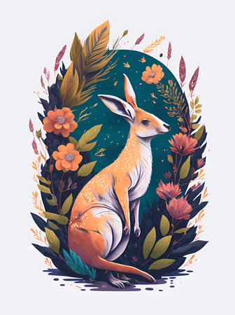 An AI generated illustration of orange kangaroo with flowers on white backgroundの素材