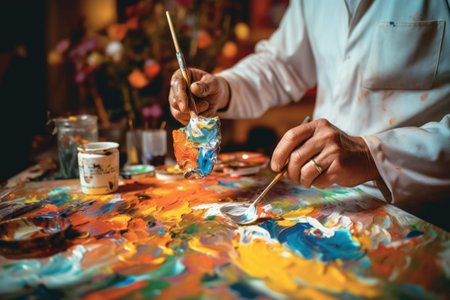 An AI generated illustration of a creative individual with a paintbrush in hand, mixing vibrant colors on a canvasの素材