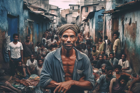 A middle-aged man in the middle of a street surrounded by people in a favela in Rio de Janeiro, AI-generated.の素材