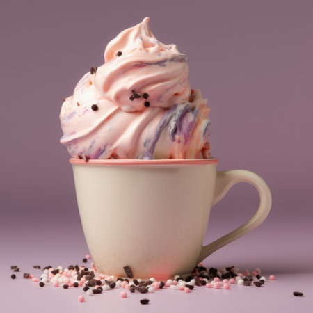A closeup of a hot chocolate drink with frosting and sprinkles in a mugの素材