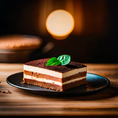 An AI generated illustration of an appetizing treat of dessert served on a black plate on a wooden tableの素材