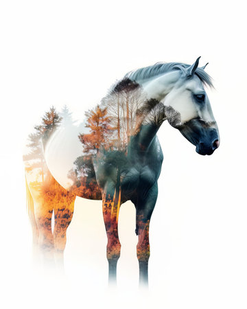 A majestic horse with a double exposure effect isolated on a white background. AI-generated.の素材