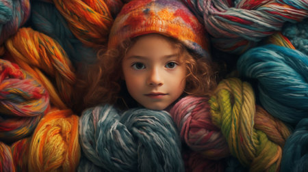 An AI generated illustration of a young girl in a pile of colorful yarn ballsの素材