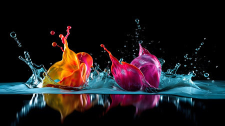 An AI generated illustration of a vibrant water splash featuring vibrant pink and yellow colors amidst scattered water dropletsの素材