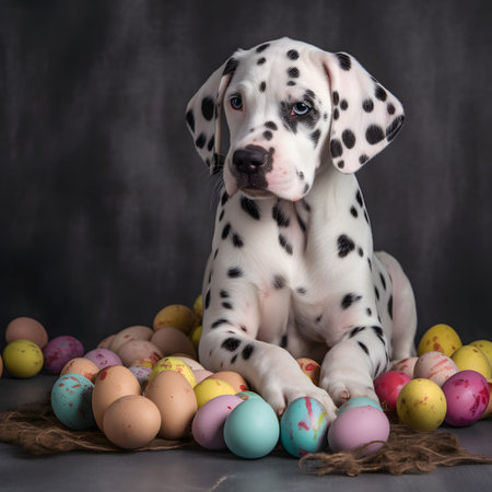 An AI generated illustration of an adorable Dalmatian puppy surrounded by Easter eggsの素材