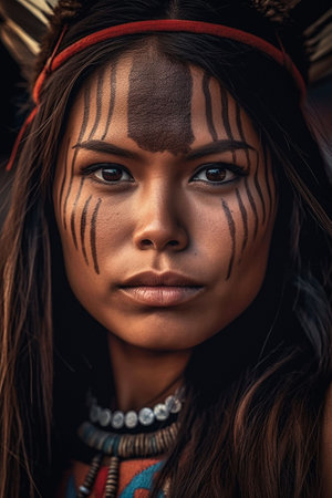 An Indigenous woman with intricate facial paint and makeup looking at the camera, AI generatedの素材
