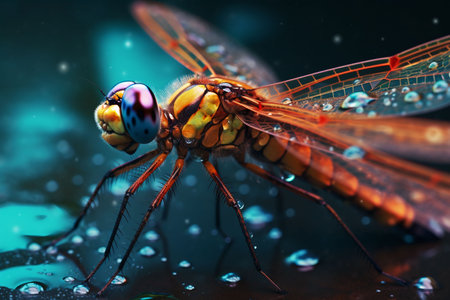 An AI generated illustration of a macro of a dragonfly perched on a green leafの素材