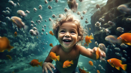 A child joyfully swimming in the crystal blue ocean surrounded by colorful goldfish - Ai generatedの素材