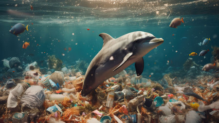 Illustration of a sad dolphin is swimming in a sea full of trash and garbage due to human pollution. AI generated.の素材
