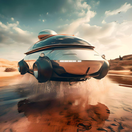 An AI generated illustration of a hybrid car that can drive on land, water and skyの素材