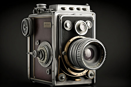 An AI generated illustration of A classic, vintage camera with a single-lens design, featuring a unique, antiquated aestheticの素材
