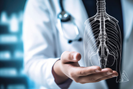 An AI generated illustration of a healthcare professional holding up an x-ray model of a human bodyの素材