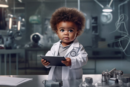 An adorable child in a lab coat holding a tablet and looking at the camera. AI-generated.の素材