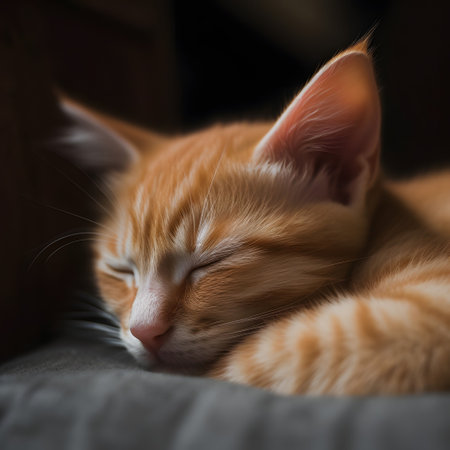 An AI generated illustration of an adorable orange cat sleeping on a soft surfaceの素材