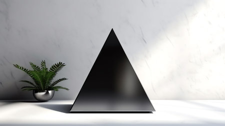 An AI generated illustration of a black pyramid-shaped product display stand on a white backgroundの素材