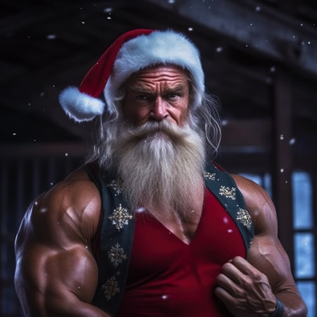 An AI generated illustration of a muscular Santa Claus figure with a large, bicepsの素材