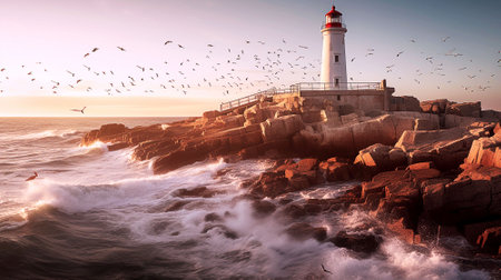 Captured at sundown, this breathtaking image showcases an ancient seaside lighthouse perched on a jagged cliff. AI-Generated.の素材