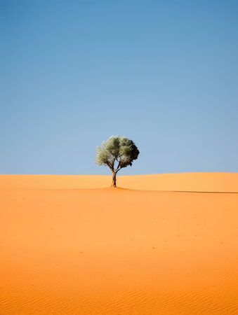 An AI generated illustration of An isolated tree surrounded by sand dunes in an arid desert landscapeの素材