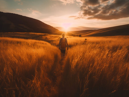 A person walking in an open field at sunset, AI-generated.の素材