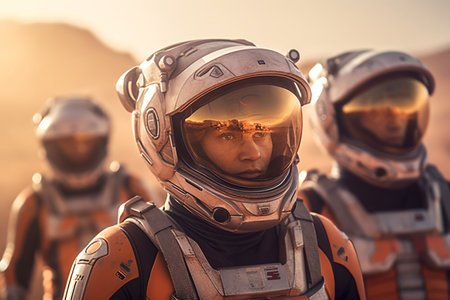 An AI generated image of astronauts in space suits and helmets on blurred backgroundの素材