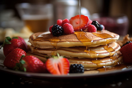 An AI generated illustration of a plate of freshly-prepared pancakes topped with fruitsの素材