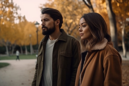 An AI-generated illustration of a young couple walking along an autumnal parkの素材
