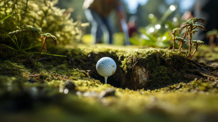 An AI generated illustration of a golf ball with a blurred person standing in the background in woodsの素材